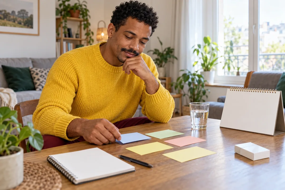 Un homme assis à une table organise des cartes vierges et un calendrier pour préparer son arrêt du tabac.