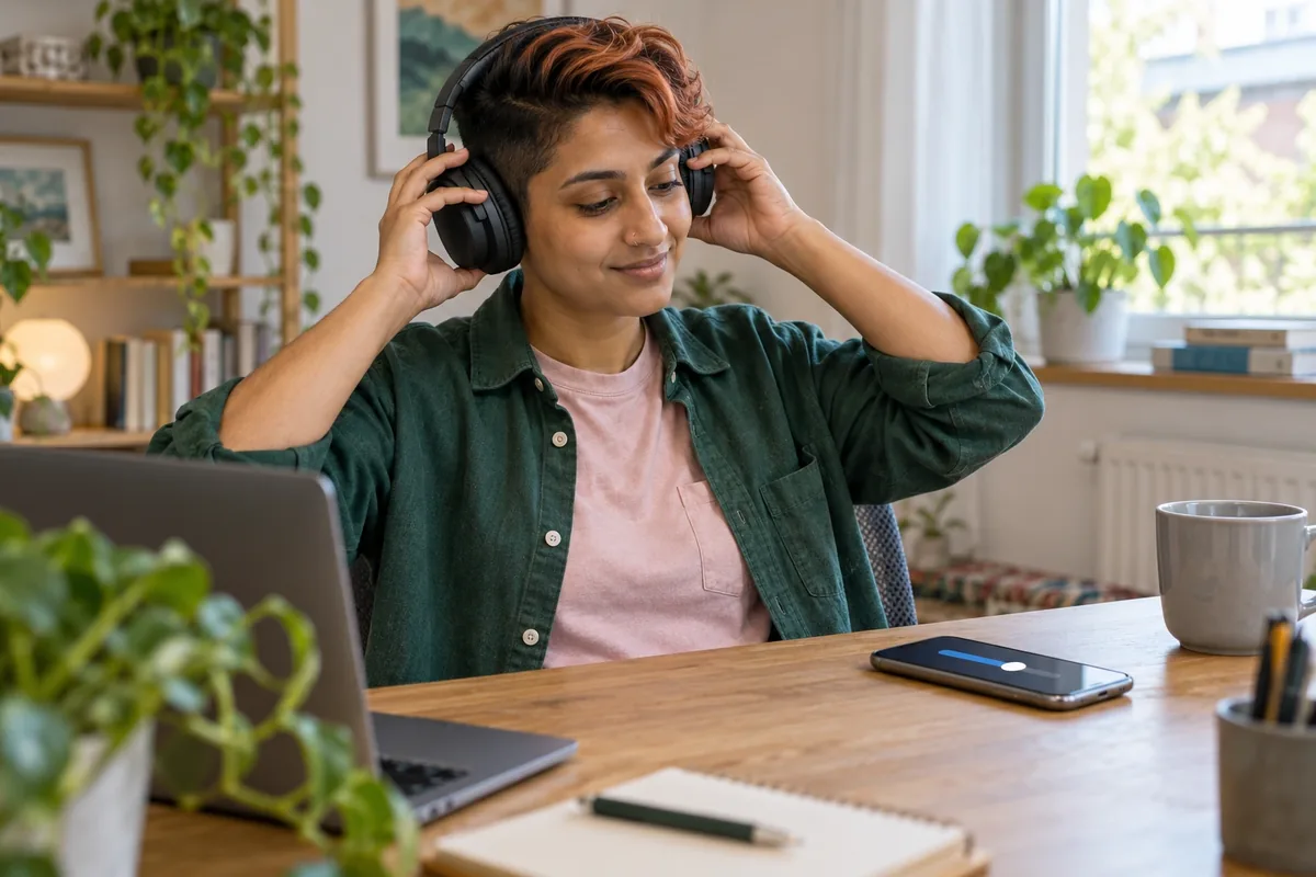 Une personne ajuste un casque audio autour de ses oreilles devant un téléphone posé sur un bureau lumineux.
