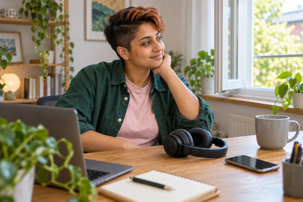 Une personne fait une pause près d’une fenêtre, le casque retiré et posé sur le bureau à côté d’un téléphone.