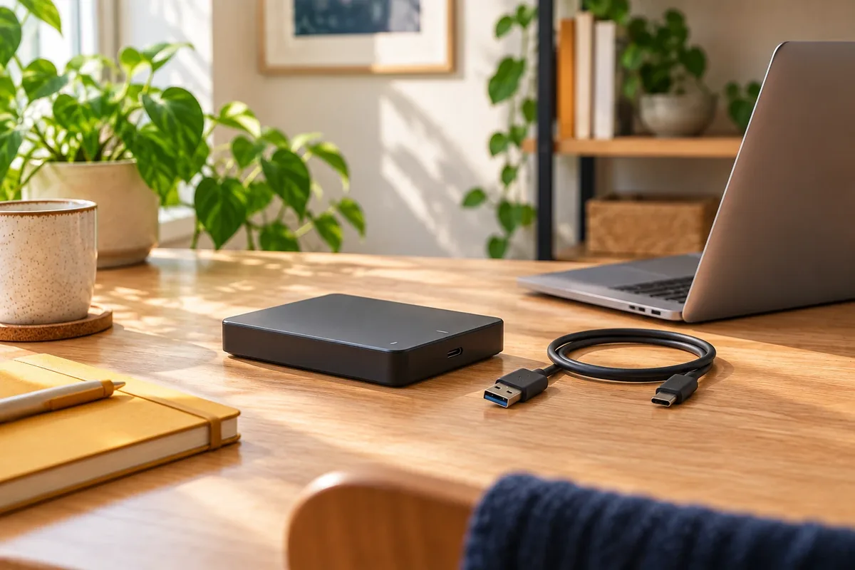 Disque dur externe posé sur un bureau, débranché, dans une pièce lumineuse