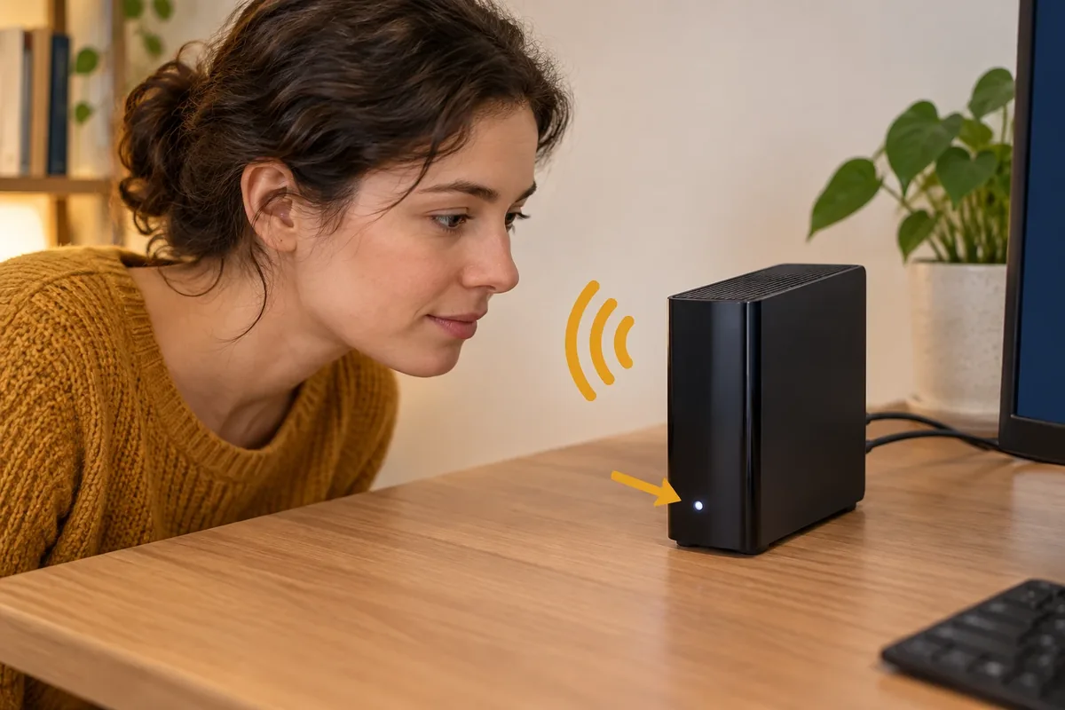 Personne écoutant un disque dur en fonctionnement sans le manipuler