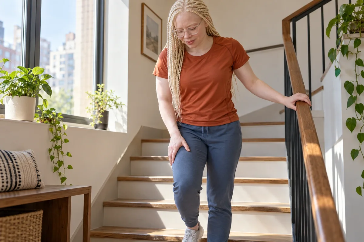 Une jeune femme descend prudemment une marche en tenant la rampe et pose une main sur l’avant de sa cuisse.