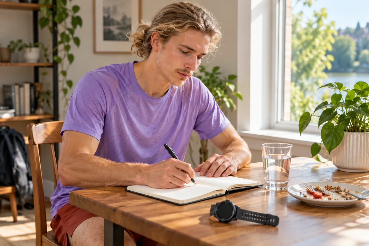 Un jeune homme note sa sortie dans un carnet vierge, avec une montre de sport et un verre d’eau sur la table.