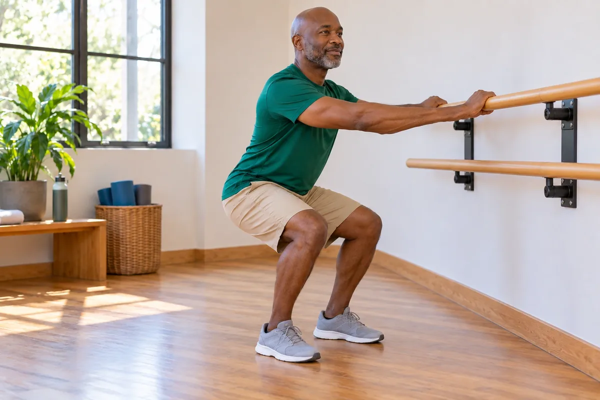 Un homme tient un support stable pendant un squat assisté peu profond, dans une amplitude confortable.