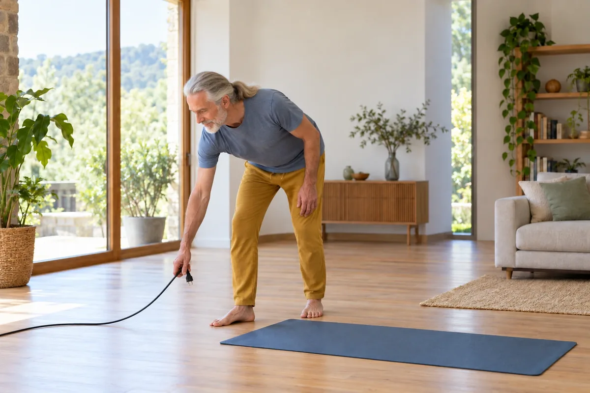 Un homme âgé éloigne un câble avant de tester un tapis bien à plat dans un salon sec et dégagé.