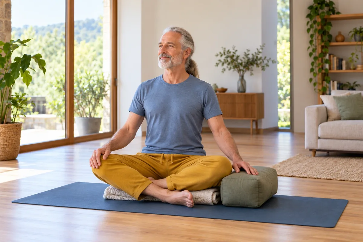Un homme âgé s’assoit confortablement sur une couverture pliée, avec un coussin ferme comme support.