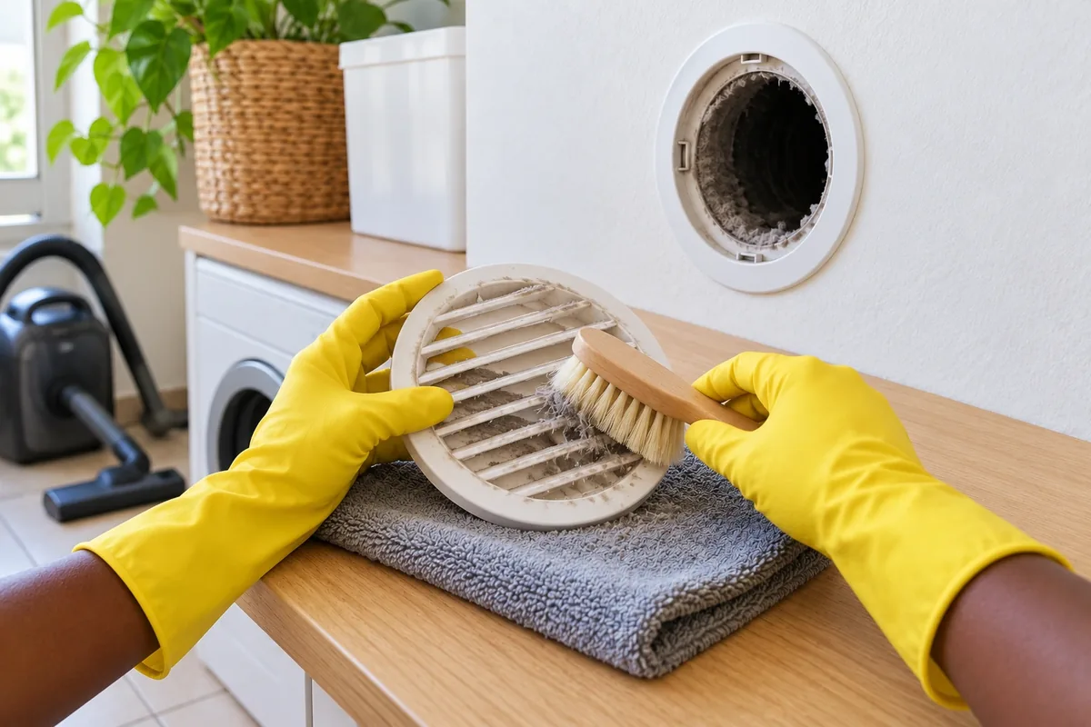 Des mains gantées dépoussièrent une grille de VMC déposée avec une brosse souple, sans toucher la gaine.