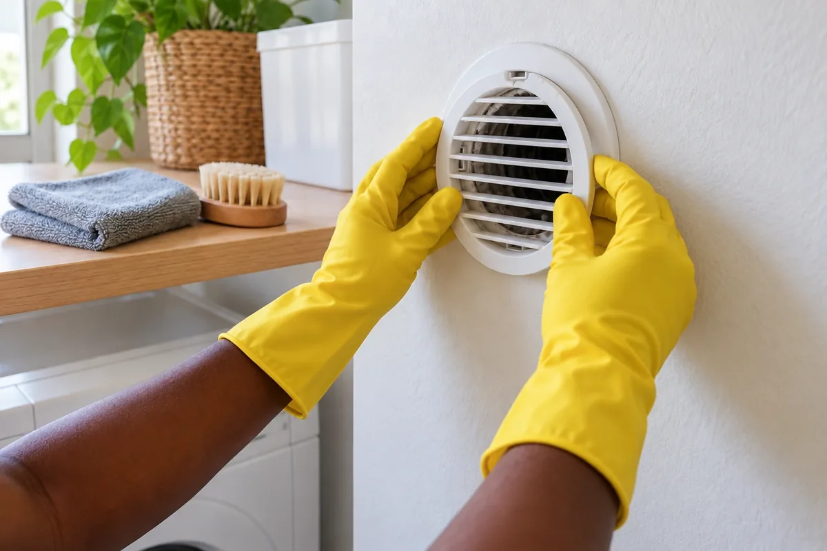 Des mains gantées remettent en place une grille de VMC parfaitement sèche sans obstruer son ouverture.