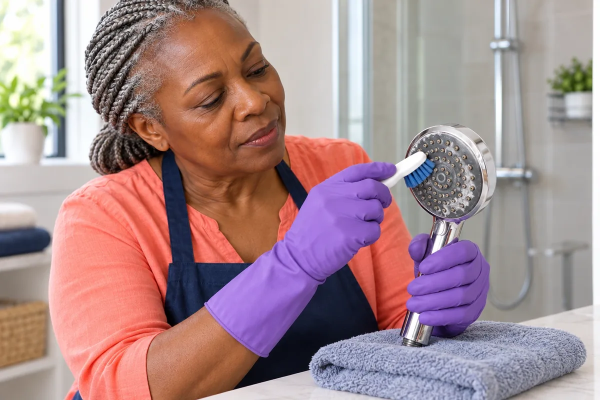 Une femme gantée frotte doucement les buses d’un pommeau de douche avec une petite brosse souple non abrasive.