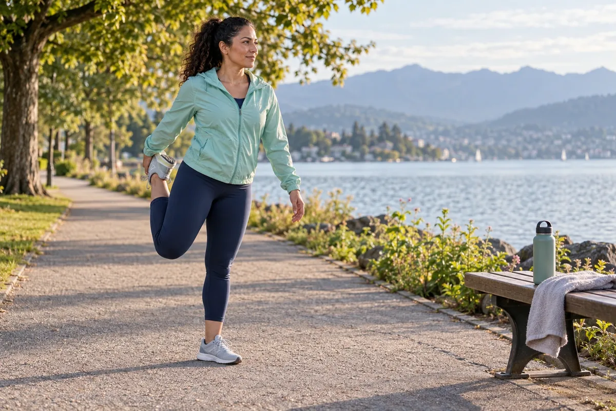 Une femme en tenue de sport réalise un étirement doux debout sur un chemin au bord d’un lac, près d’un banc.