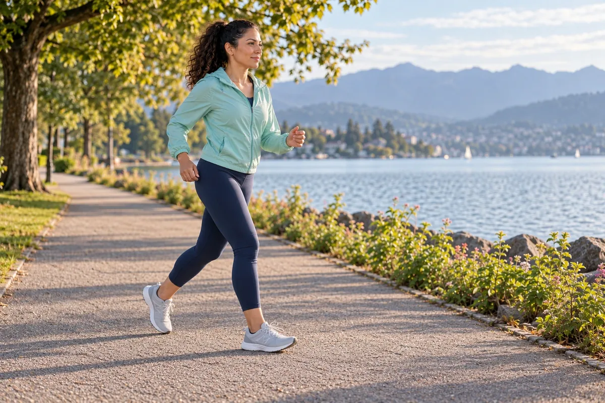 Une femme avance d’un pas sportif sur un chemin dégagé, avec une posture droite et des bras relâchés.