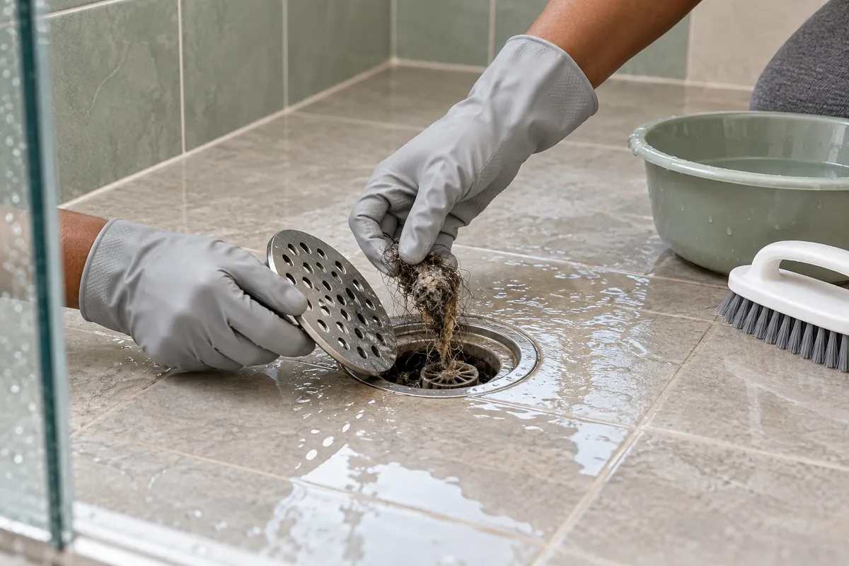 Des mains gantées soulèvent la grille d’une douche et retirent un amas de cheveux près de la bonde humide.