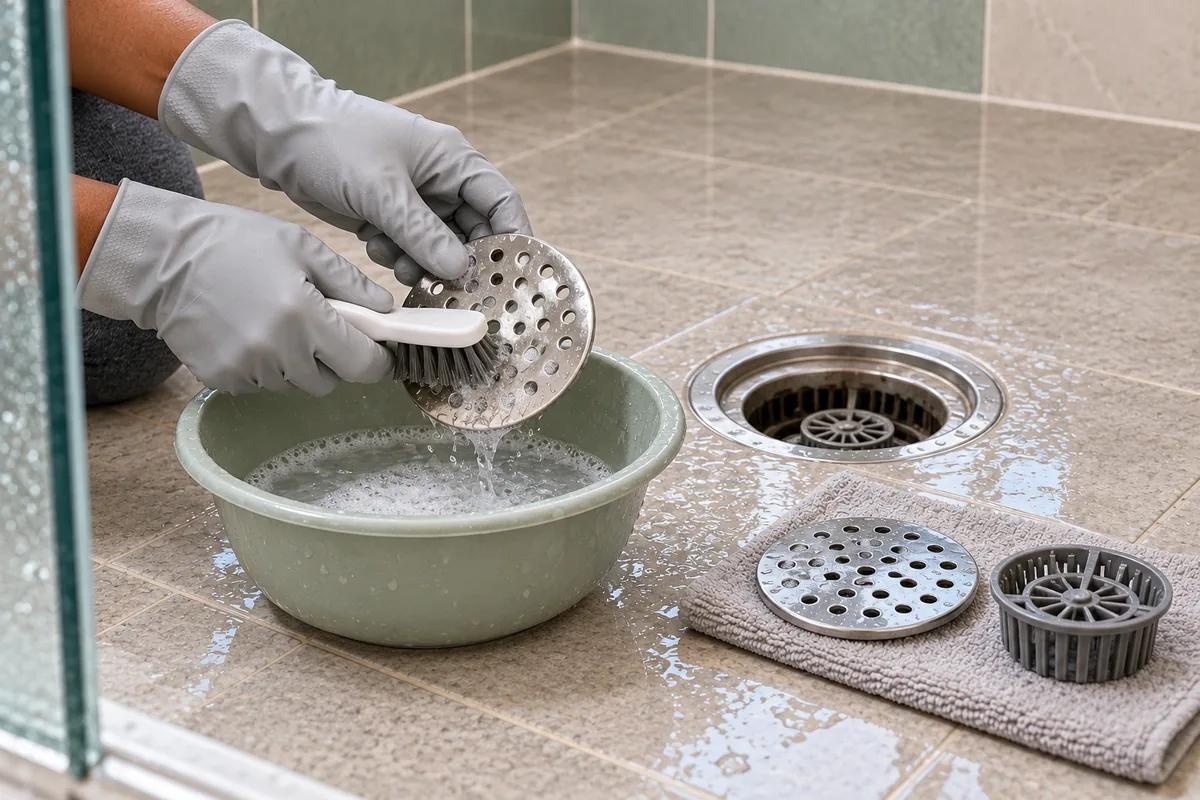 Des mains gantées brossent une grille de douche au-dessus d’une bassine, les pièces étant rangées sur un linge.
