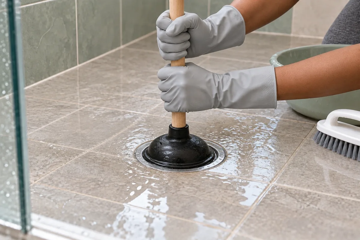 Deux mains gantées maintiennent verticalement une ventouse noire bien plaquée sur la bonde de la douche.