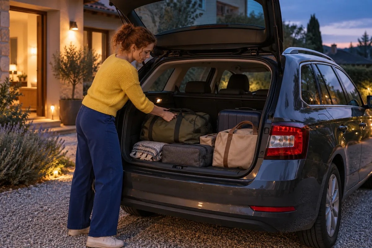 Une femme range des bagages dans le coffre ouvert d’un break stationné sur une allée au crépuscule.