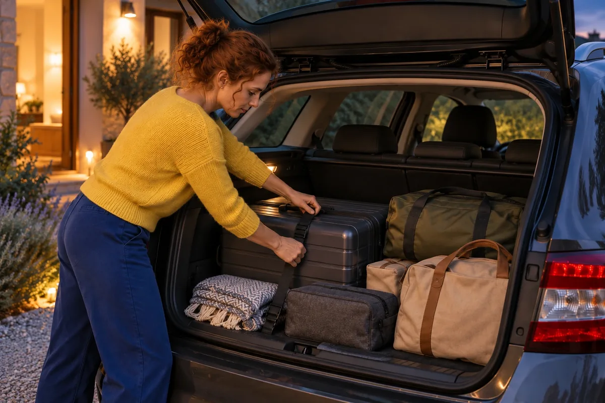 Une femme fixe une lourde valise placée bas contre la banquette, au milieu de bagages répartis dans le coffre.