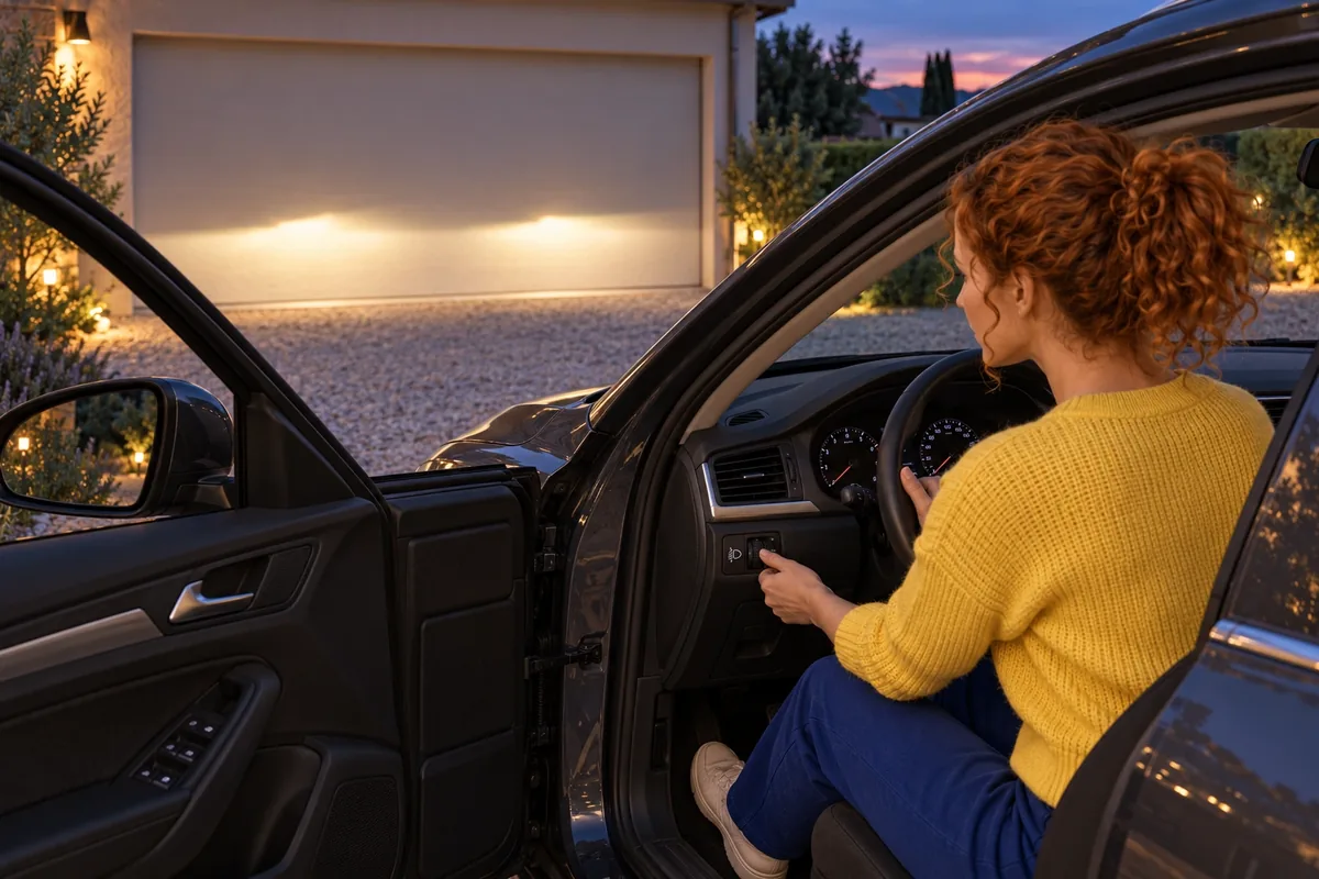 Assise dans une voiture arrêtée, une femme tourne la commande des phares près du volant face à un mur éclairé.