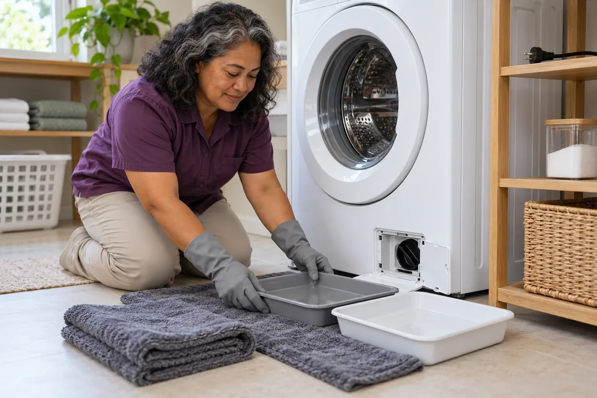 Une femme prépare deux bacs bas et des serviettes devant la trappe ouverte d’un lave-linge débranché.