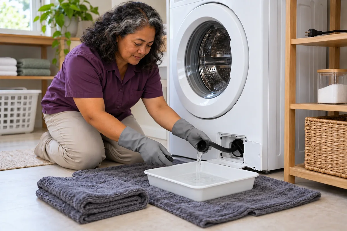 Une femme gantée laisse couler l’eau résiduelle par le petit tuyau du lave-linge dans un bac peu profond.