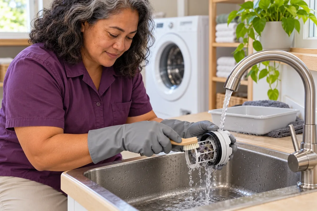 Une femme rince le filtre du lave-linge sous le robinet et retire doucement les fibres avec une brosse souple.