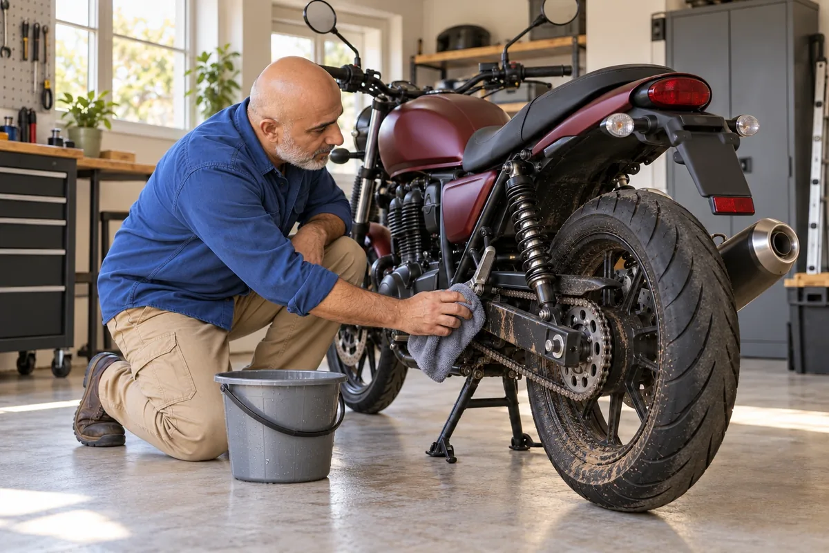 Un homme essuie la boue du bras oscillant et de la jante arrière d’une moto froide avec une microfibre.
