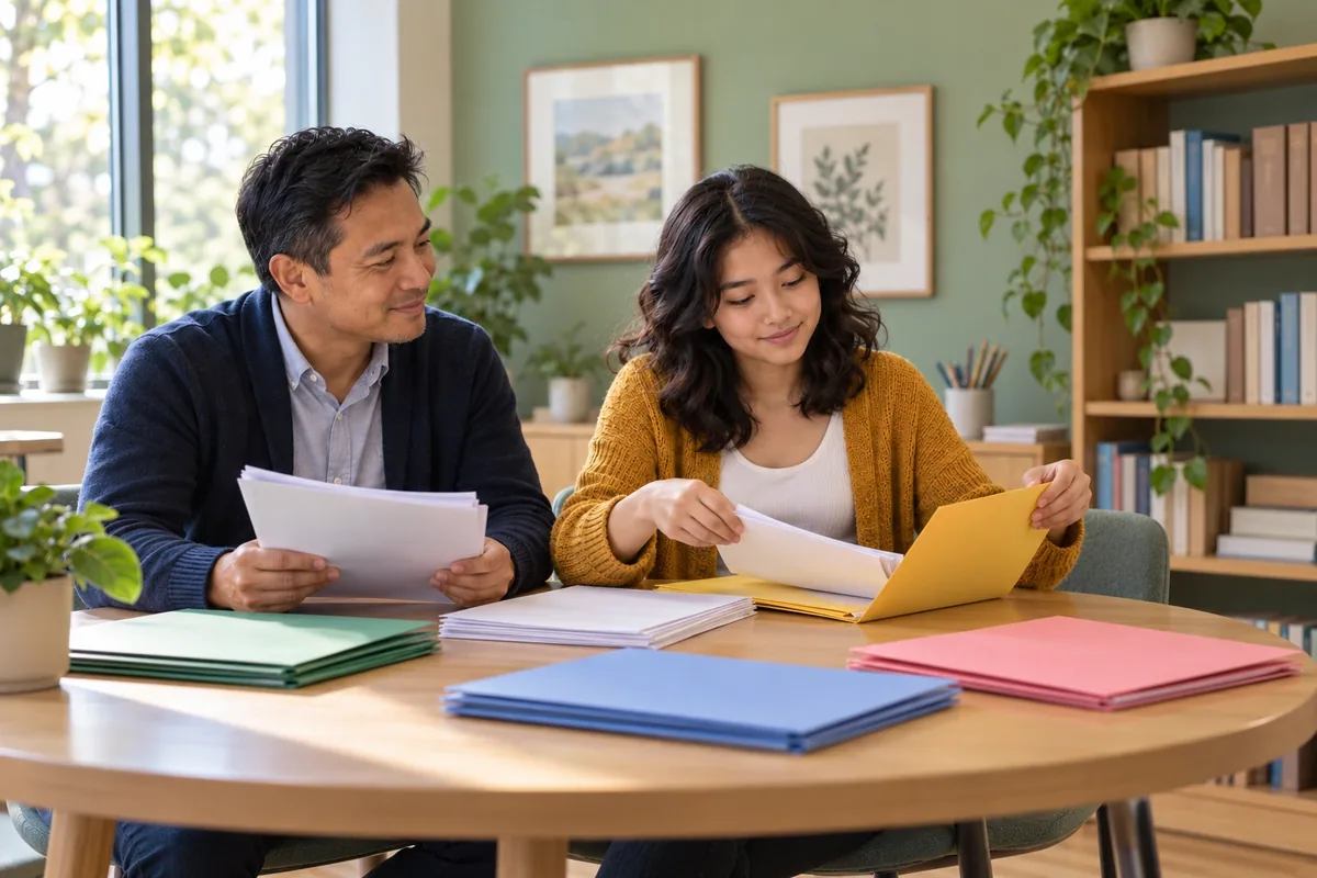 Une adolescente classe des feuilles blanches dans des chemises colorées avec l’aide attentive de son père.