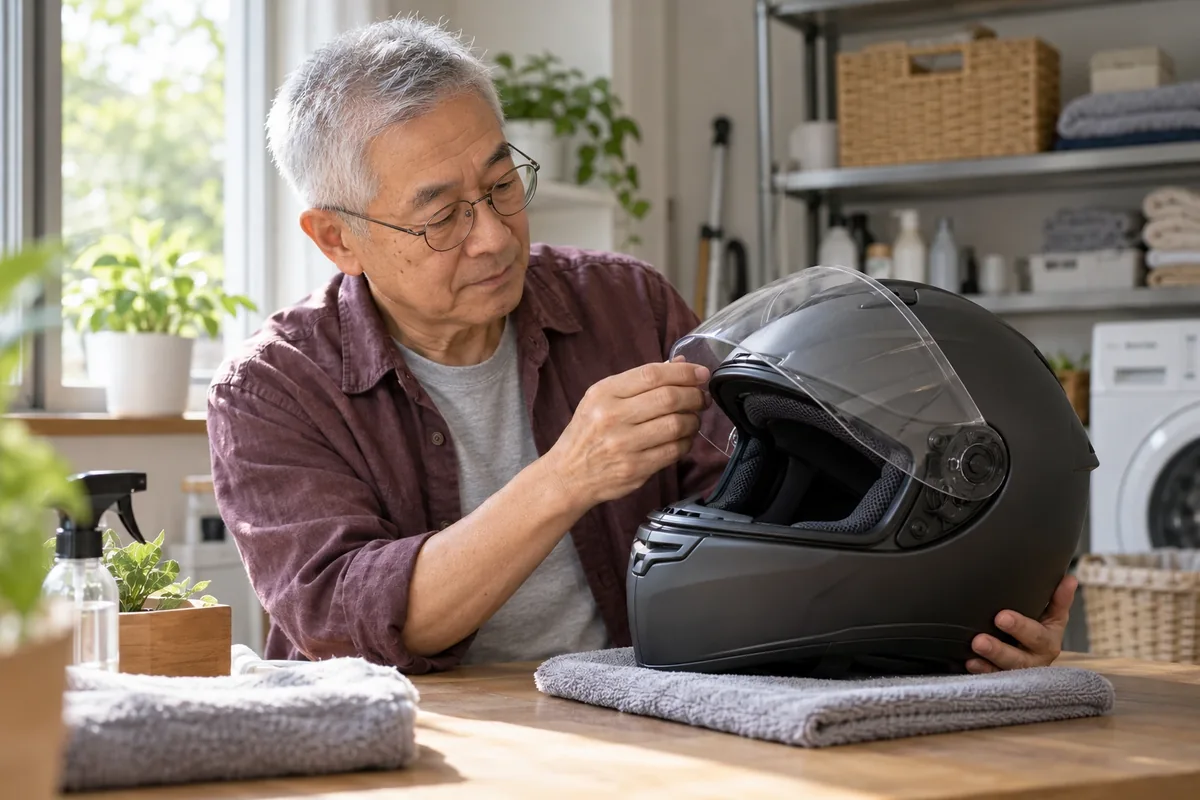 Un homme âgé examine à la lumière la visière ouverte d’un casque noir posé sur une serviette pliée.