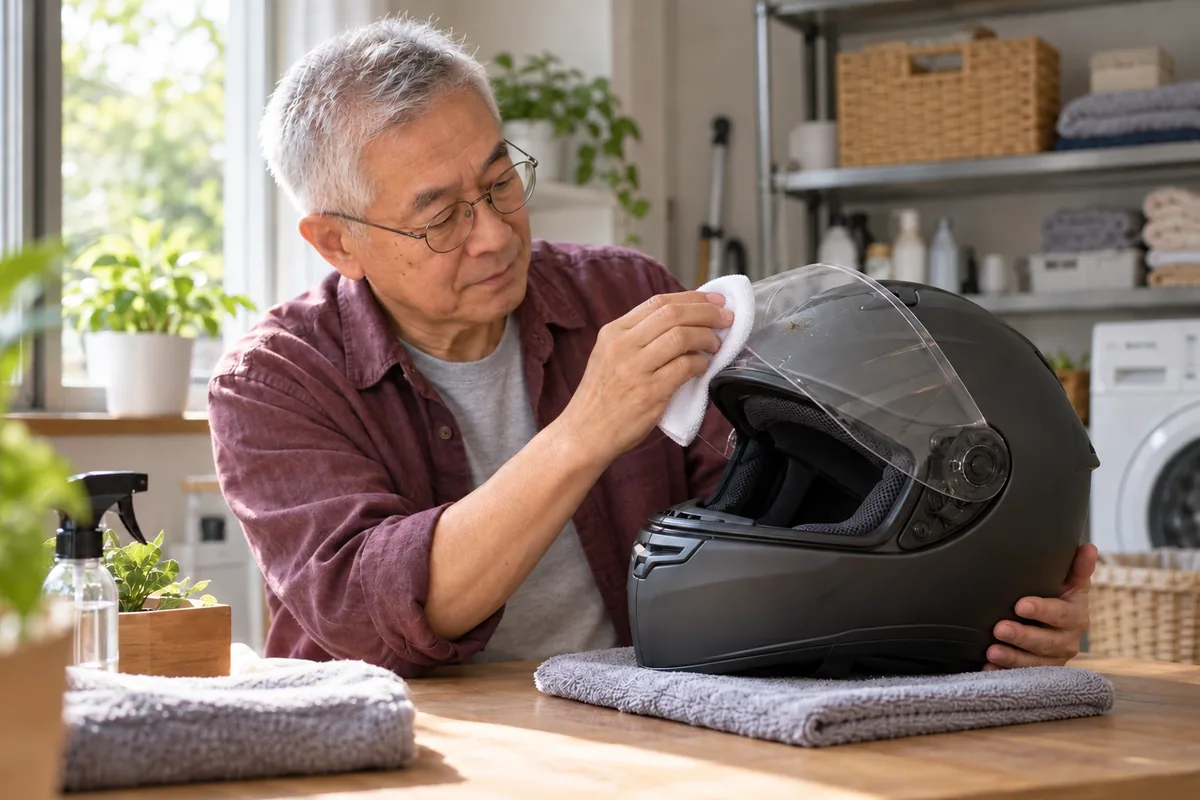 Un homme humidifie une trace sur la visière ouverte avec une microfibre blanche, sans gratter la surface.