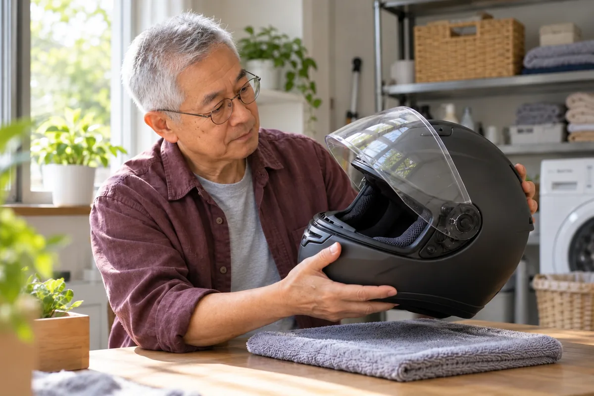 Un homme tient un casque des deux mains et contrôle la visière sèche inclinée devant la lumière d’une fenêtre.