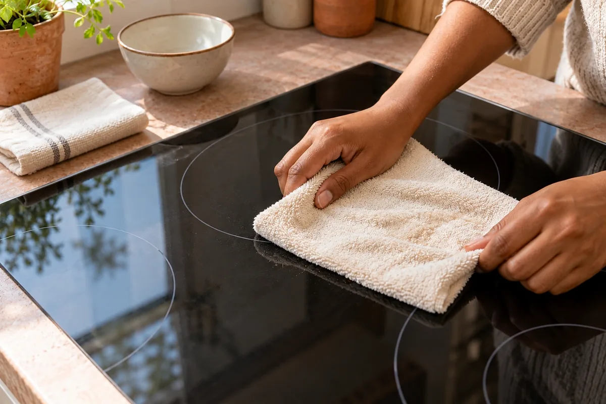 Deux mains maintiennent légèrement une microfibre humide sur le dépôt, sans flaque autour de la plaque froide.
