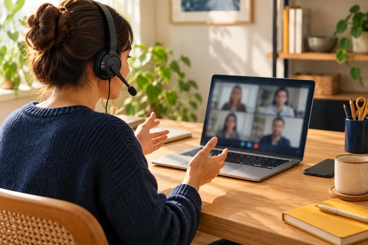 Personne en visioconférence avec un casque-micro bien positionné