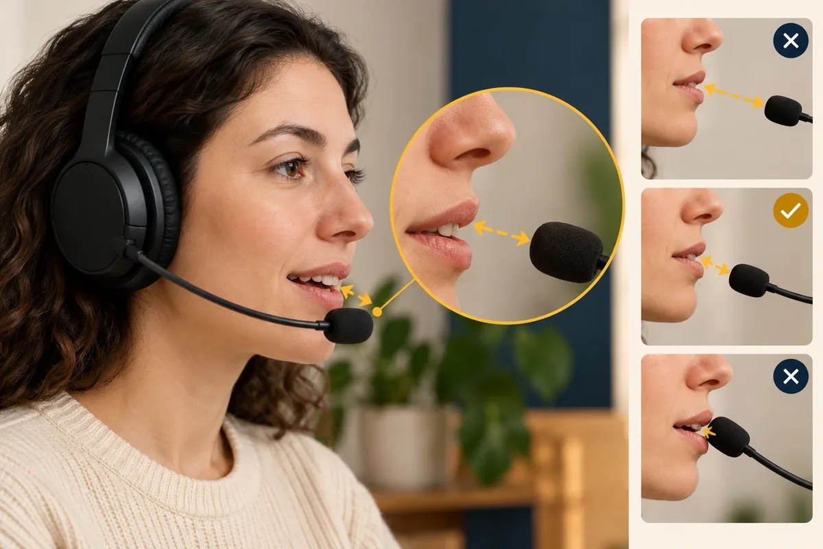 Micro-casque positionné près de la bouche, avec repère de distance