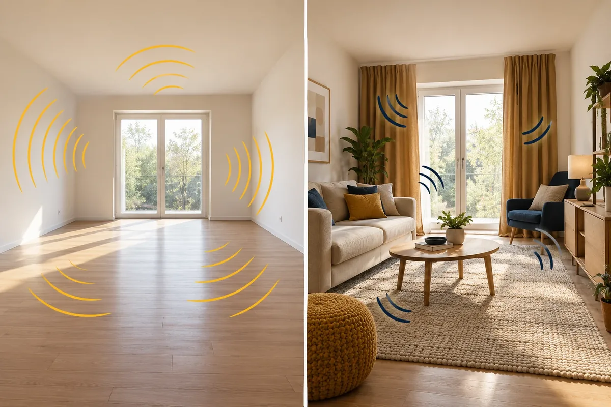 Comparaison entre une pièce vide et une pièce meublée pour l'acoustique