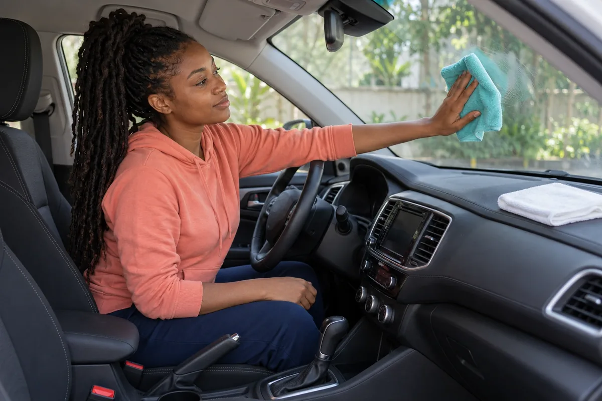 Une femme nettoie l’intérieur du pare-brise d’une voiture garée avec une microfibre turquoise humide.