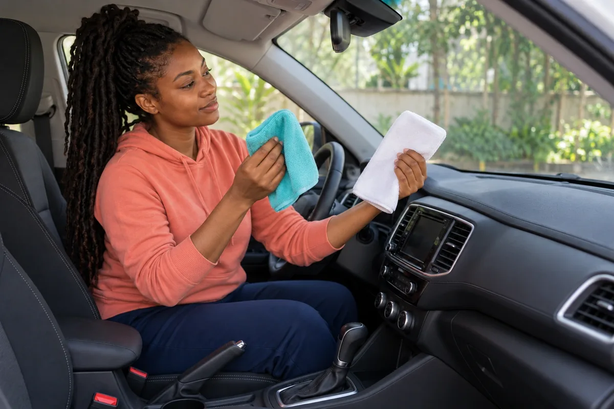 Une femme distingue une microfibre turquoise légèrement humide d’une microfibre blanche sèche dans l’habitacle.