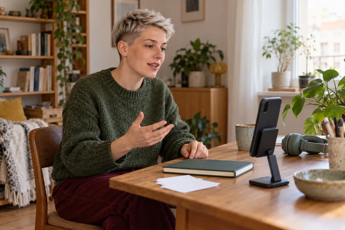 Une personne aux cheveux platine s’exerce à parler face à un téléphone posé sur un support à son bureau.