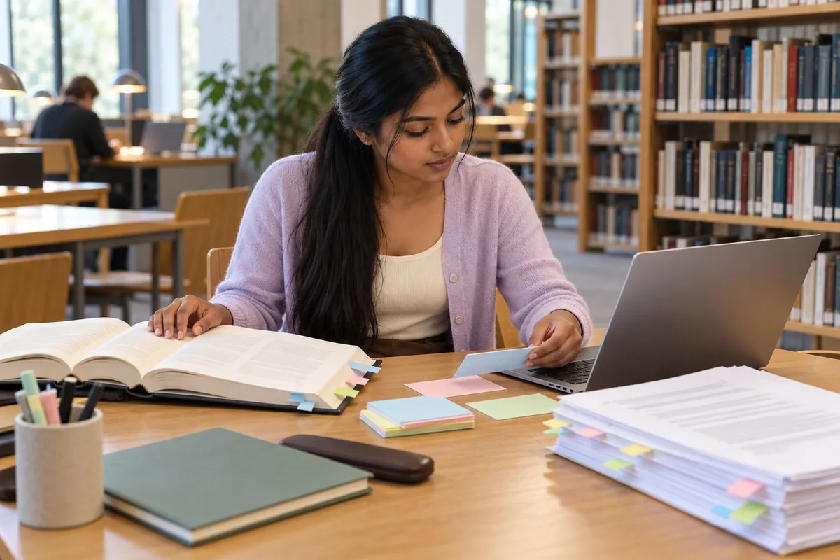 Une étudiante compare un livre ouvert, des fiches colorées et des pages de mémoire à une table de bibliothèque.