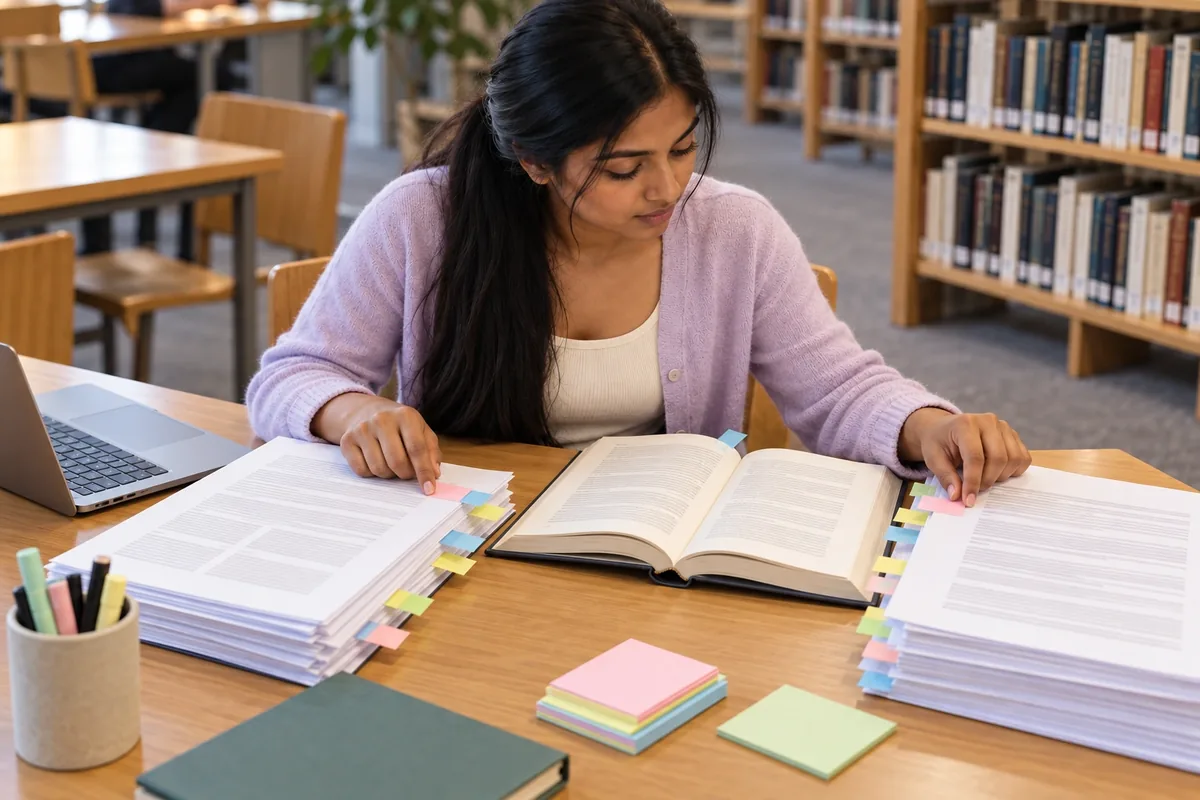 Une étudiante rapproche les onglets colorés de deux piles de pages avec ceux d’un ouvrage ouvert entre elles.
