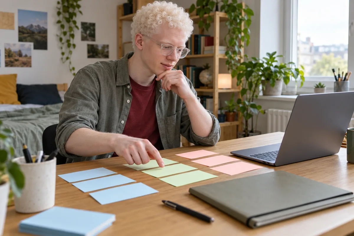 Un étudiant aux cheveux blancs organise des fiches colorées devant un ordinateur pour préparer son rapport.