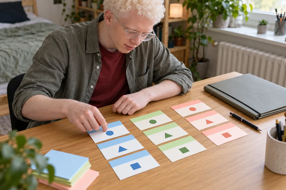 Un étudiant classe des fiches vierges à bandes colorées et symboles géométriques par groupes de missions.