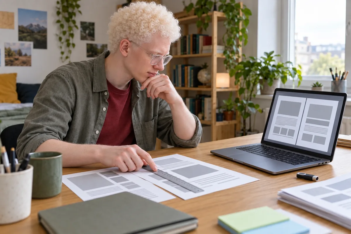 Un étudiant compare la mise en page grisée d’un rapport imprimé avec son aperçu affiché sur ordinateur.