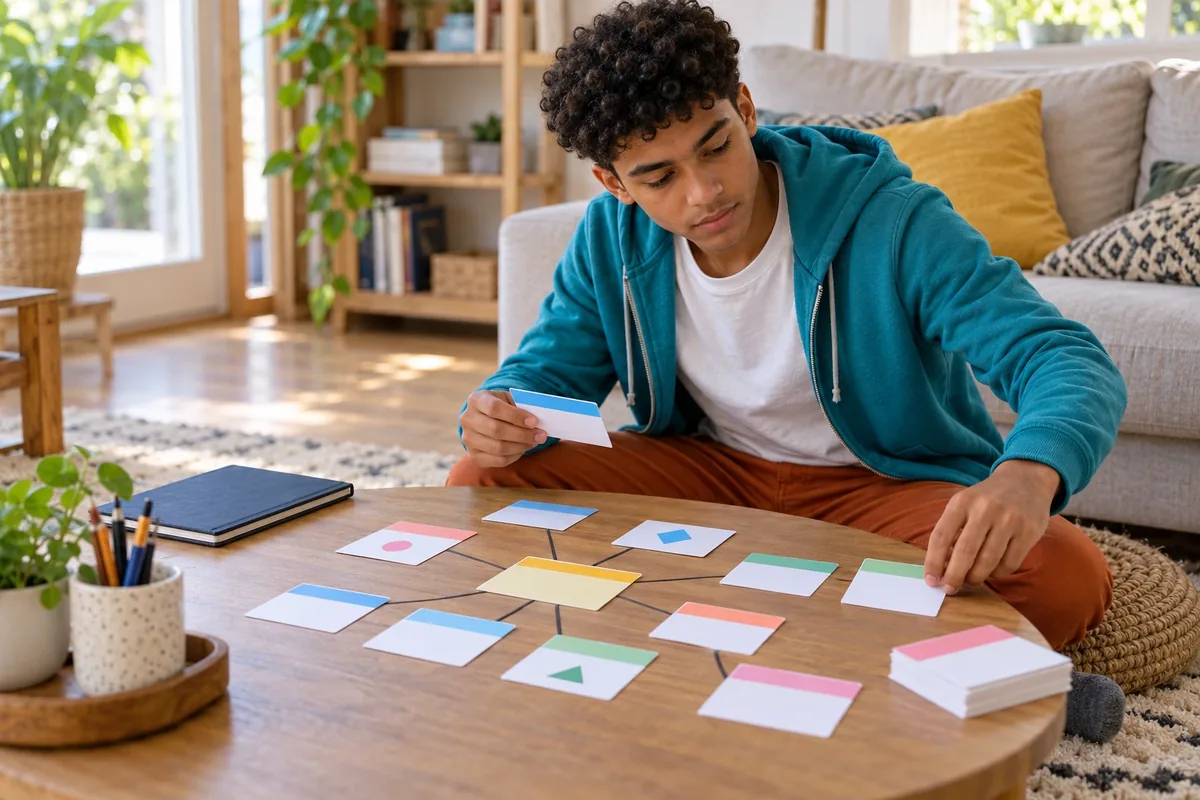 Un adolescent organise des cartes de révision vierges en réseau sur une table basse, son cahier fermé à côté.