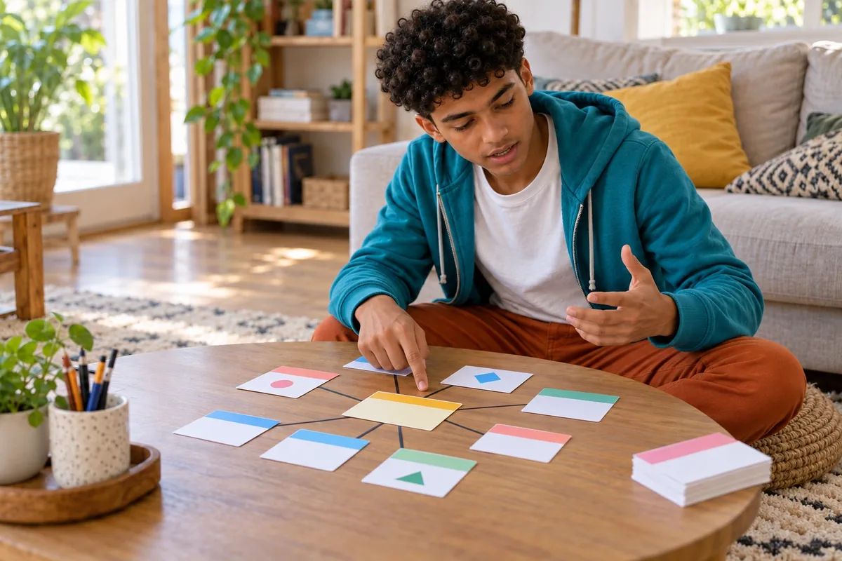 Un adolescent explique à voix haute un réseau de cartes colorées sans consulter son cahier de cours.