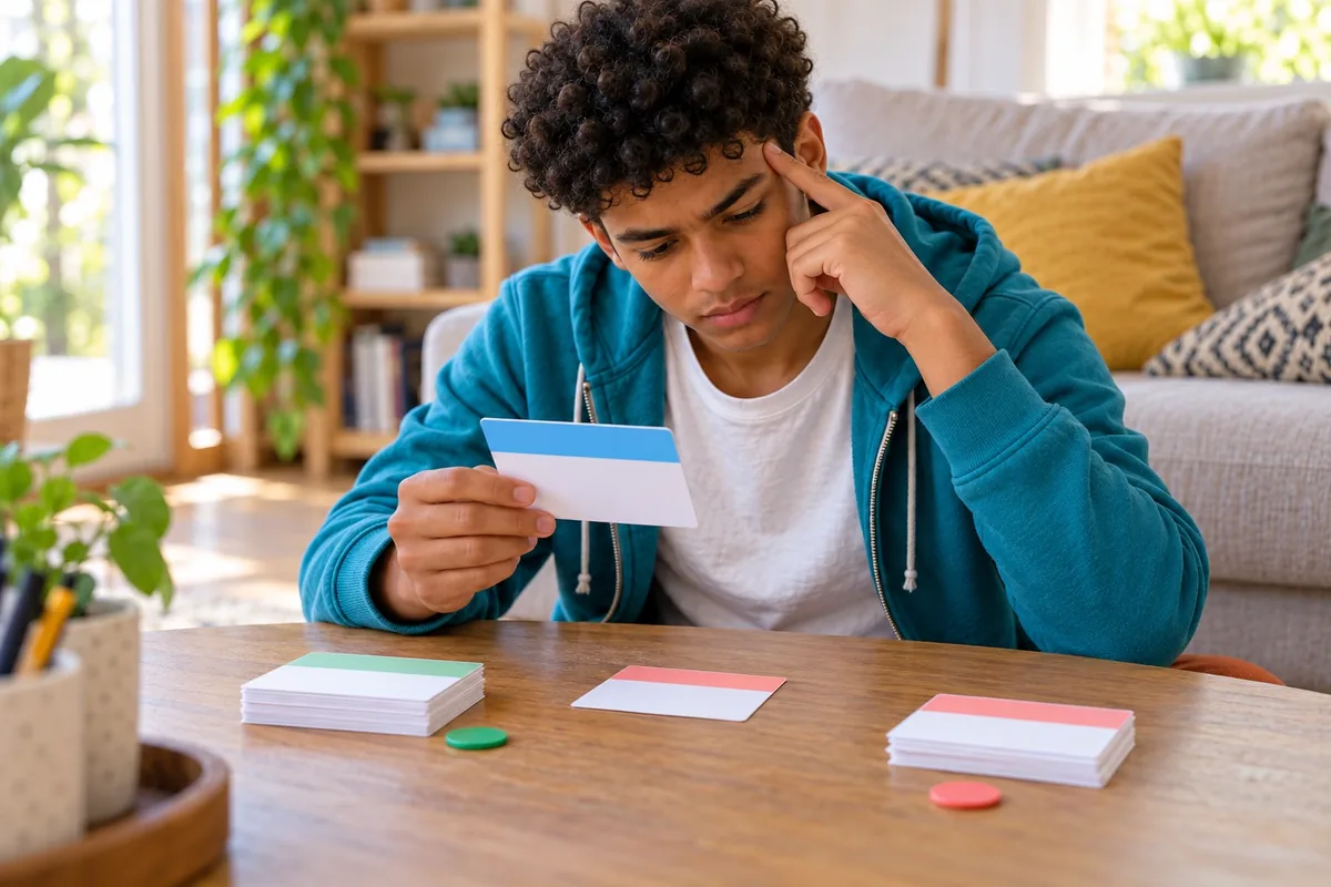 Un adolescent réfléchit avant de retourner une carte, entre deux piles signalées par des jetons vert et corail.