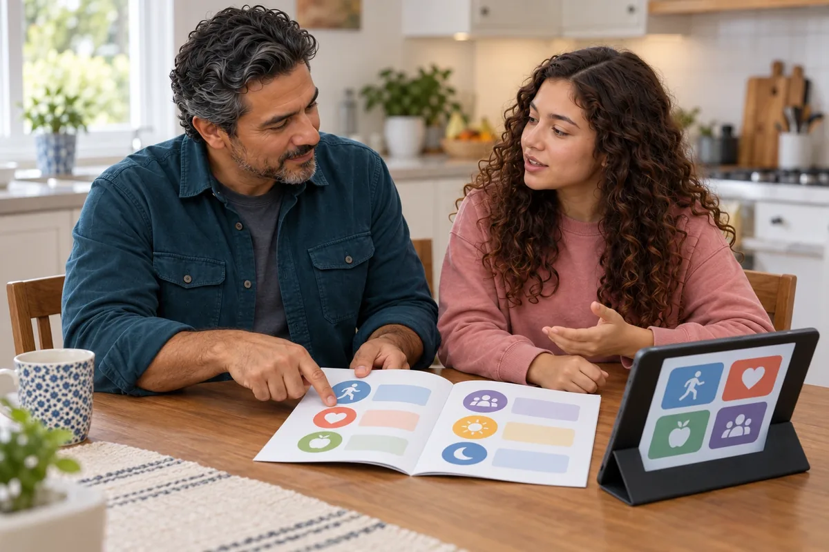 Un père et sa fille consultent ensemble une brochure illustrée et une tablette sans texte lisible.