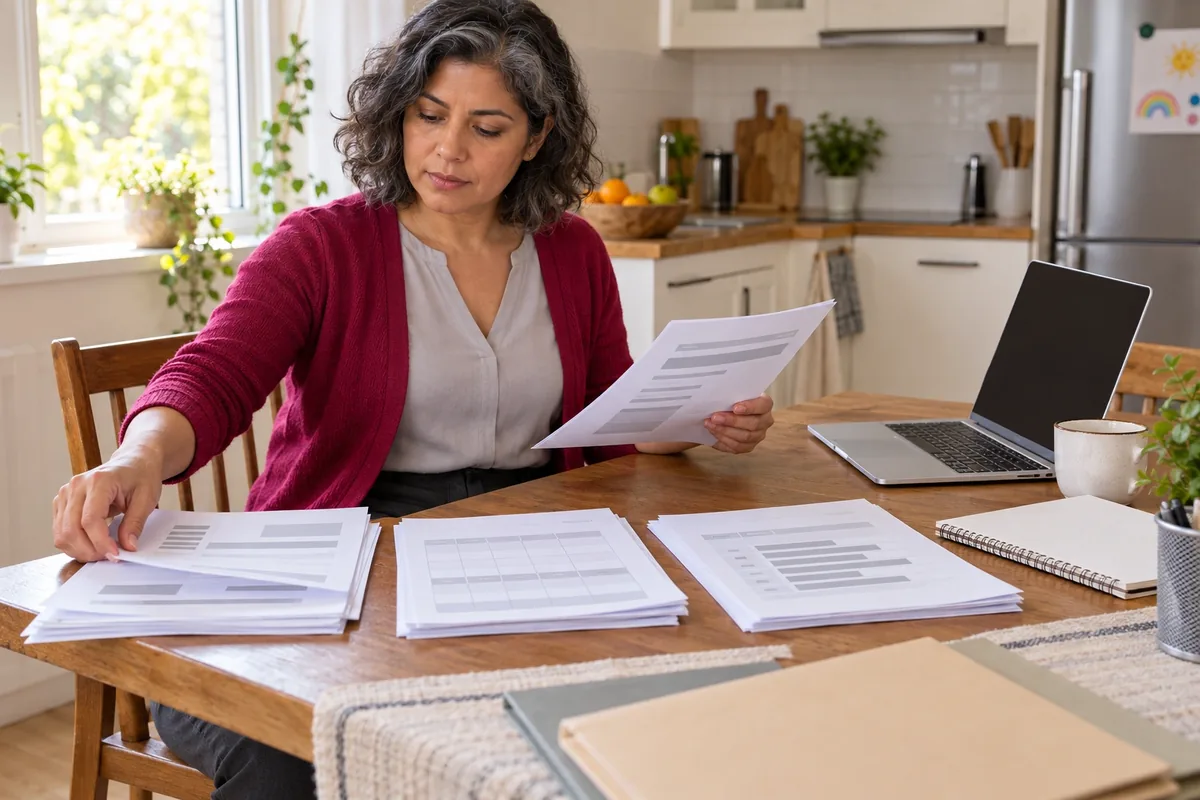Une femme classe des relevés, une décision et un calendrier de paiements sur sa table de cuisine.