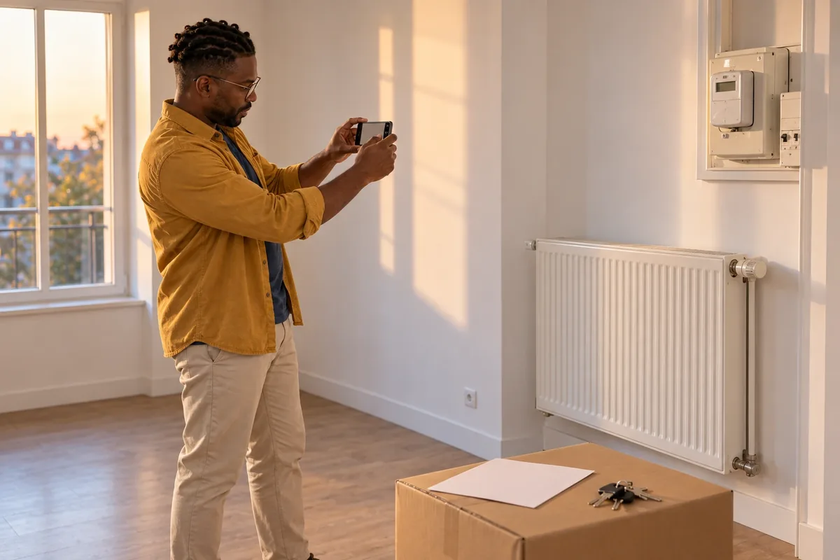 Un homme photographie un mur, un radiateur et un compteur dans une pièce vide avant son départ.