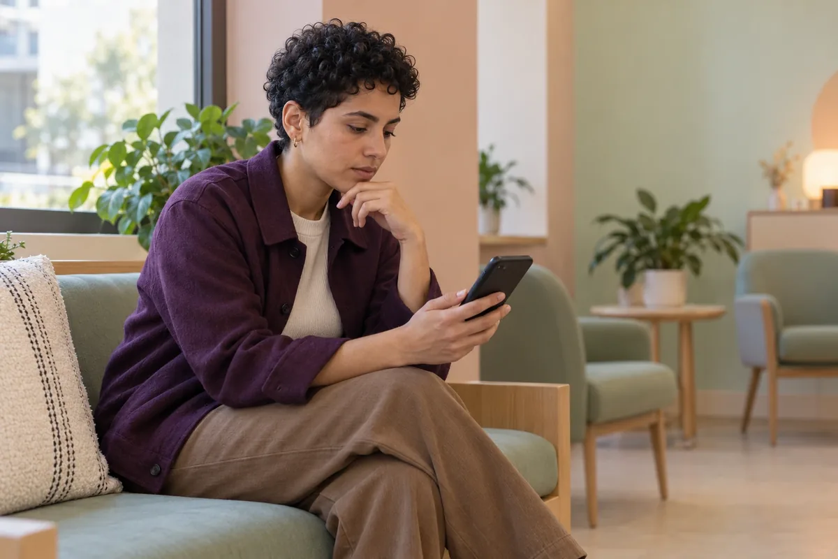 Une personne assise dans un espace de santé calme regarde son téléphone avec une expression sérieuse et posée.