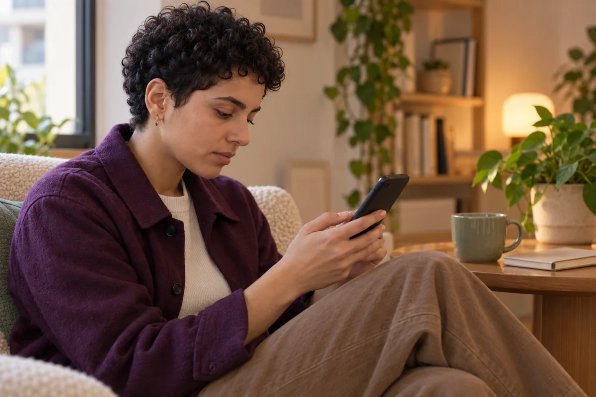 Une personne compose un message confidentiel sur son téléphone dans un coin privé de son appartement.
