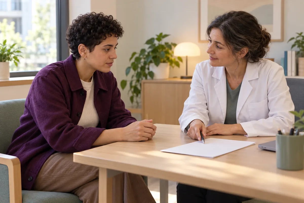Une personne échange calmement avec une professionnelle de santé qui désigne une feuille vierge sur le bureau.